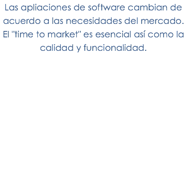 Las apliaciones de software cambian de acuerdo a las necesidades del mercado. El "time to market" es esencial así como la calidad y funcionalidad.